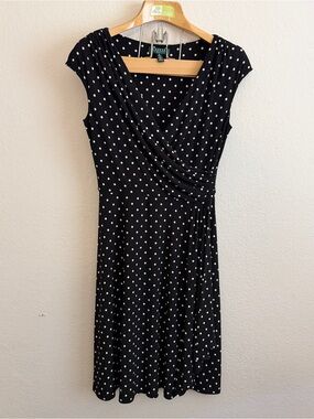 Lauren Ralph Lauren Black and White Polka Dot Faux-Wrap Midi Dress